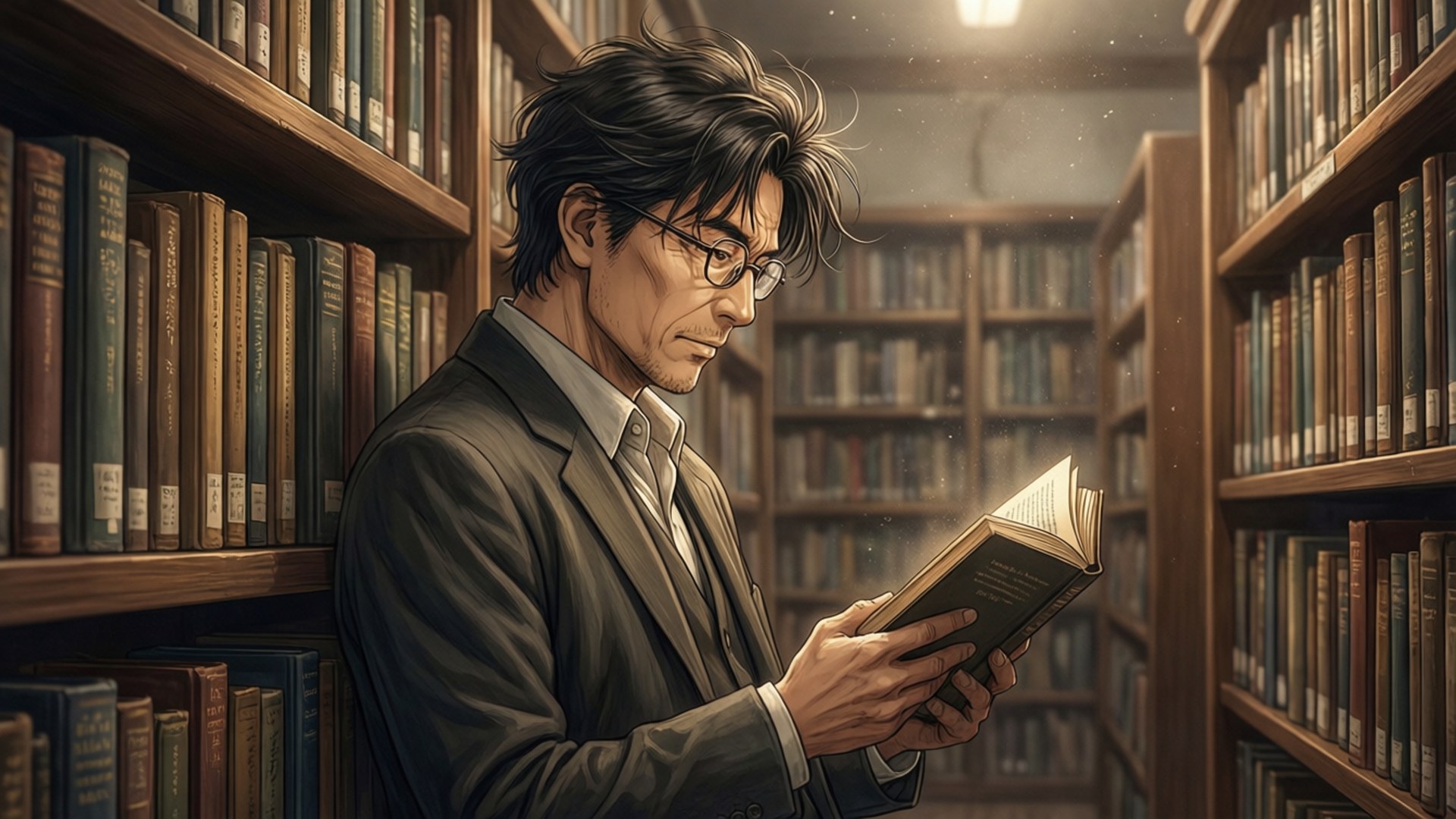 戴眼鏡的男子在木製書架的圖書館中閱讀一本書。