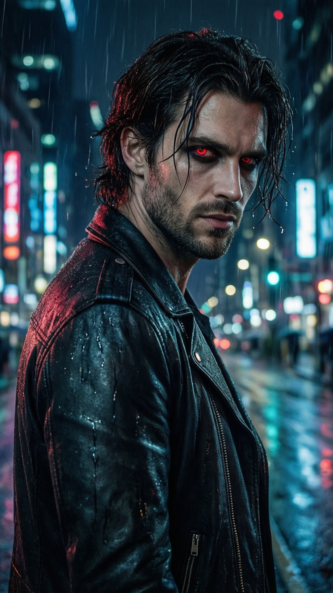 雨夜霓虹城中發紅光的眼睛的男人