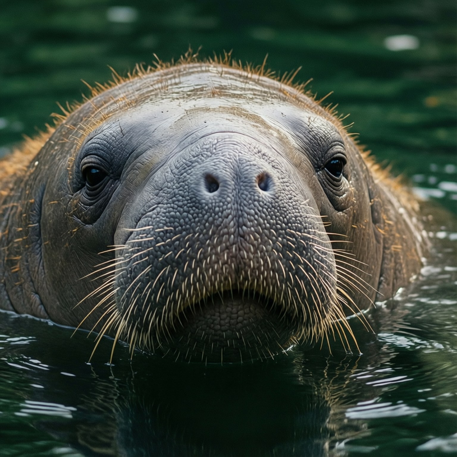 Manatee with whiskers peeking out of green water 壁紙