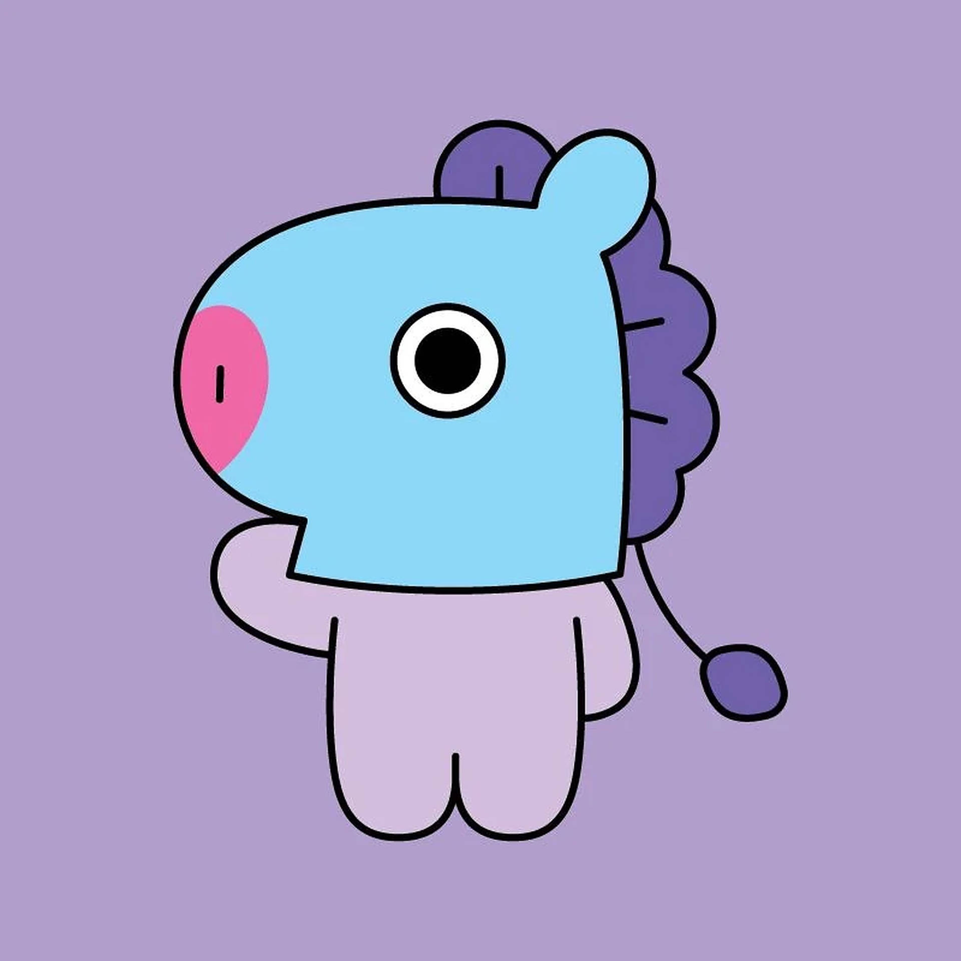 Mang BT21 招手 壁紙 — 一隻可愛的藍色卡通生物，有粉紅色鼻子和紫色鬃毛，站在純色薰衣草背景前。