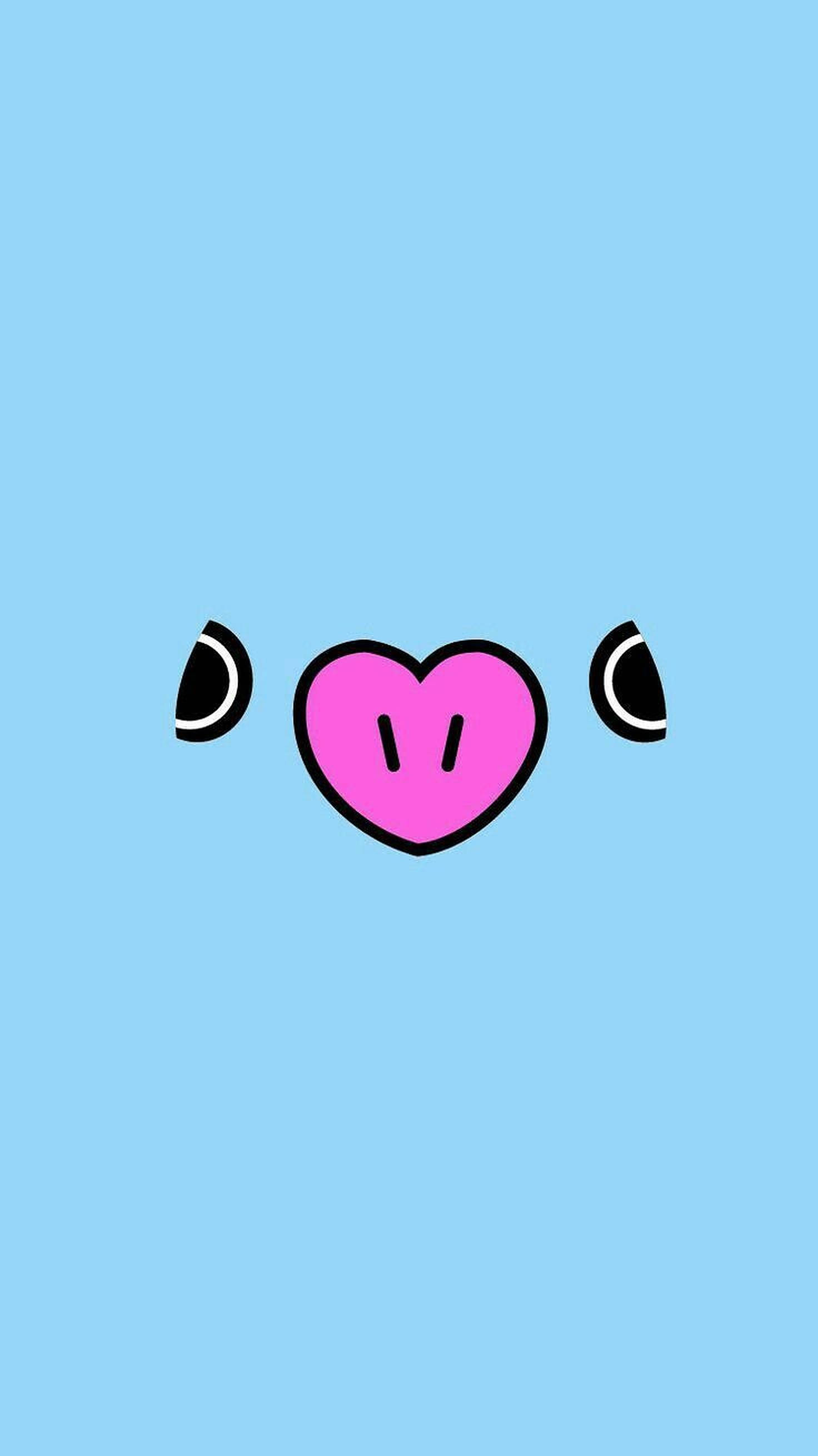 Mang Bt21臉部特寫 壁紙 — 一個極簡風格的粉紅色心形，帶有兩個黑色新月形眼睛，居中在純淺藍色背景上。