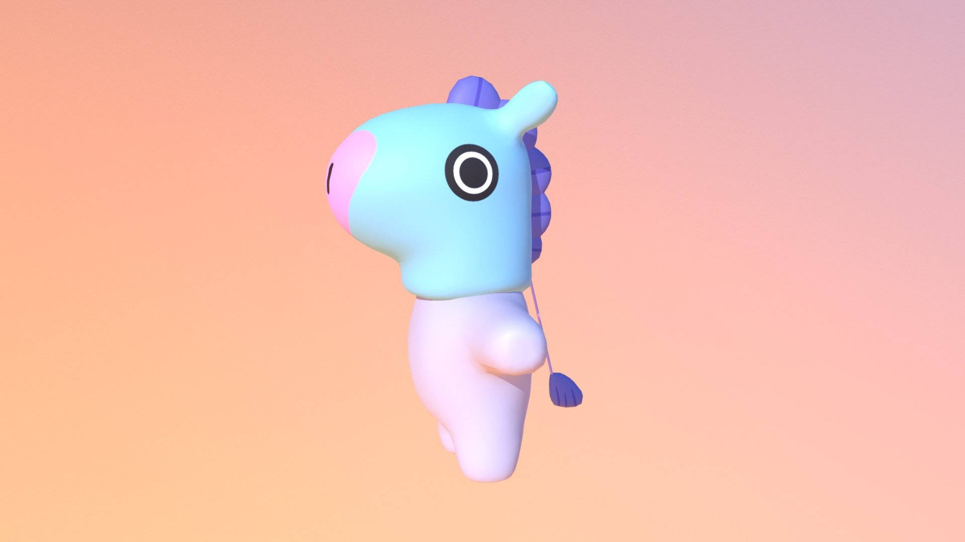 一隻漂浮的3D渲染粉藍色獨角獸，擁有紫色鬃毛和尾巴，背景為蜜桃漸變。