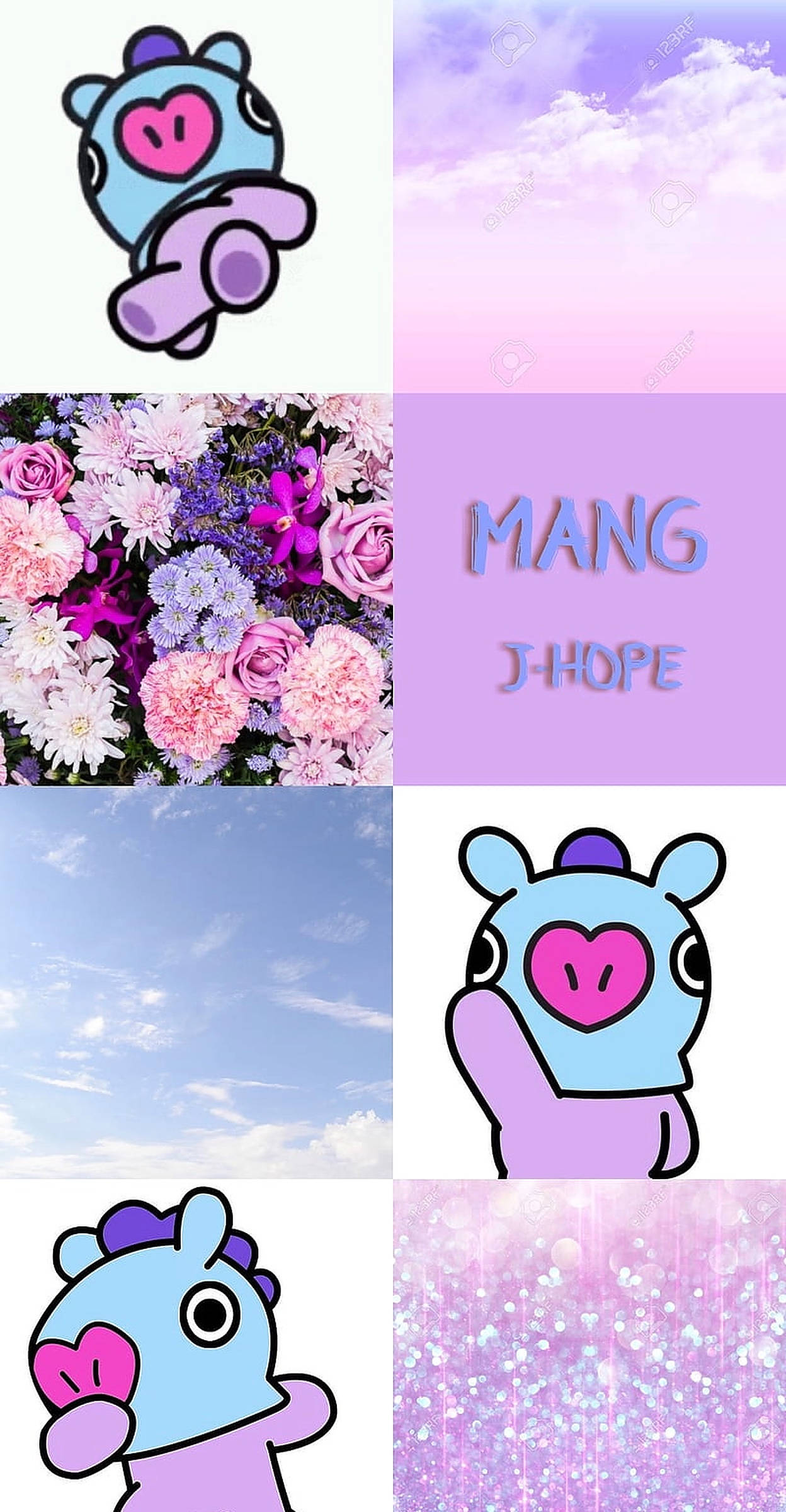 Mang Bt21 情緒板 壁紙 — 以柔和色調呈現的可愛卡通角色與花卉天空拼貼畫。