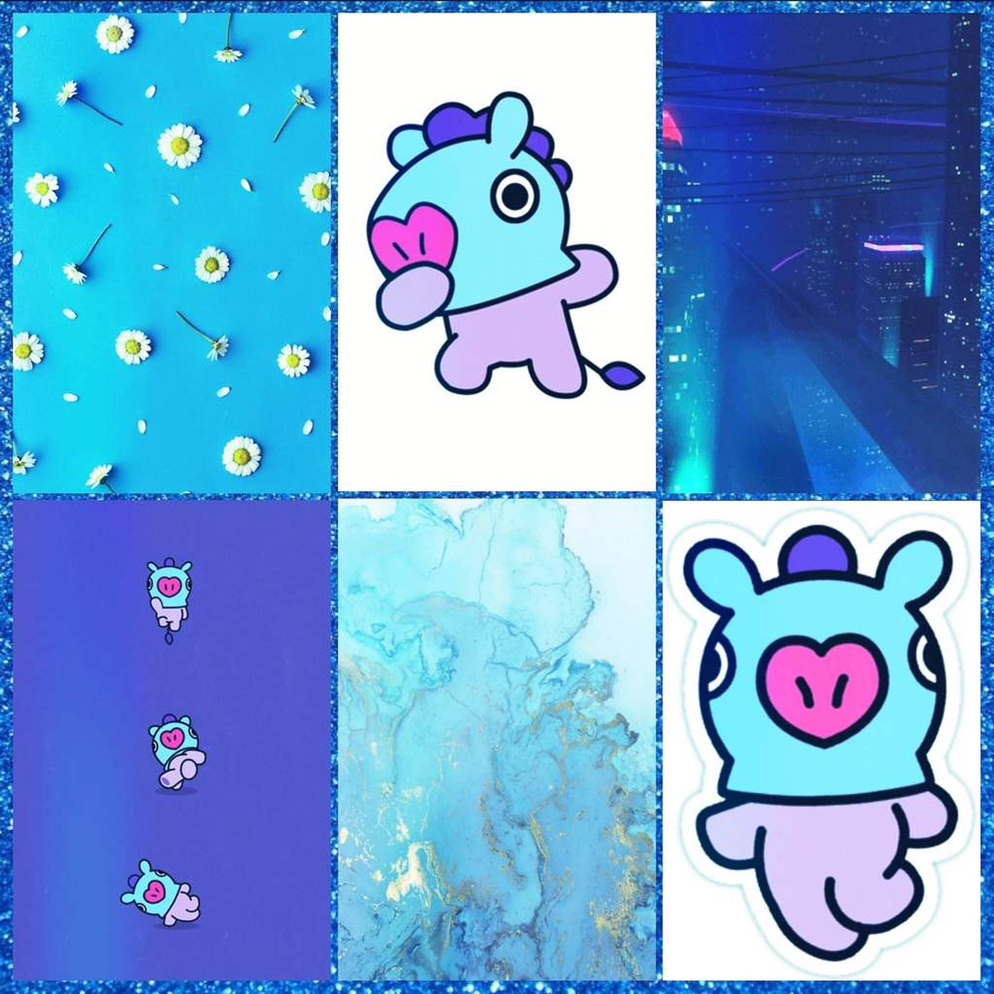 Mang Bt21 美學拼貼畫 壁紙 — 六個面板的拼貼畫，包含藍色背景上的雛菊、卡通生物、霓虹城市景觀、漂浮角色、大理石紋理和貼紙風格角色。