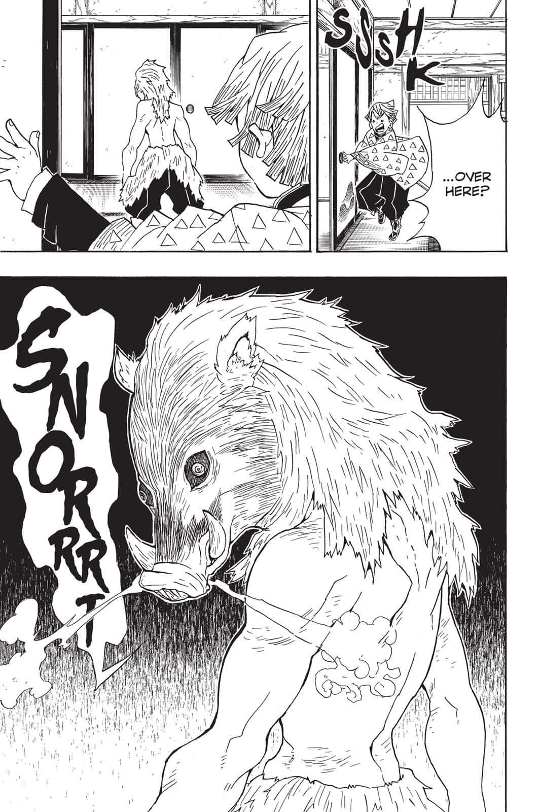 Demon Slayer Manga Panel 桌布 壁紙 — 漫畫格中顯示一隻怪物般的野豬惡魔噴出煙霧，而一個角色驚慌地大叫。