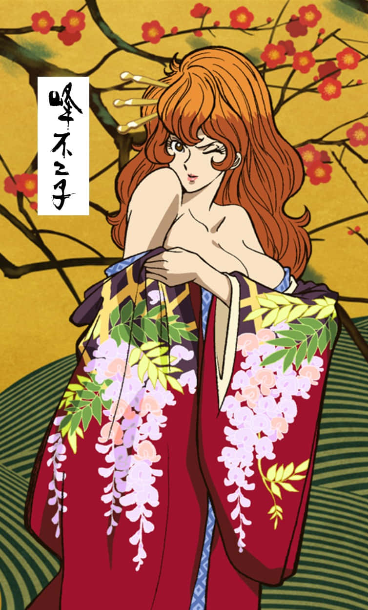  壁紙 — 一位橙色頭髮的漫畫風格動漫女孩，穿著飾有紫藤花的紅色和服，背景是金色和櫻花。