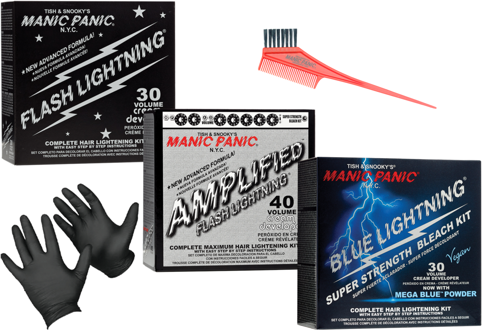 Manic Panic 染髮漂白套裝 壁紙 — 三個Manic Panic染髮套裝和一把紅色梳子配黑色手套，在純黑背景上。