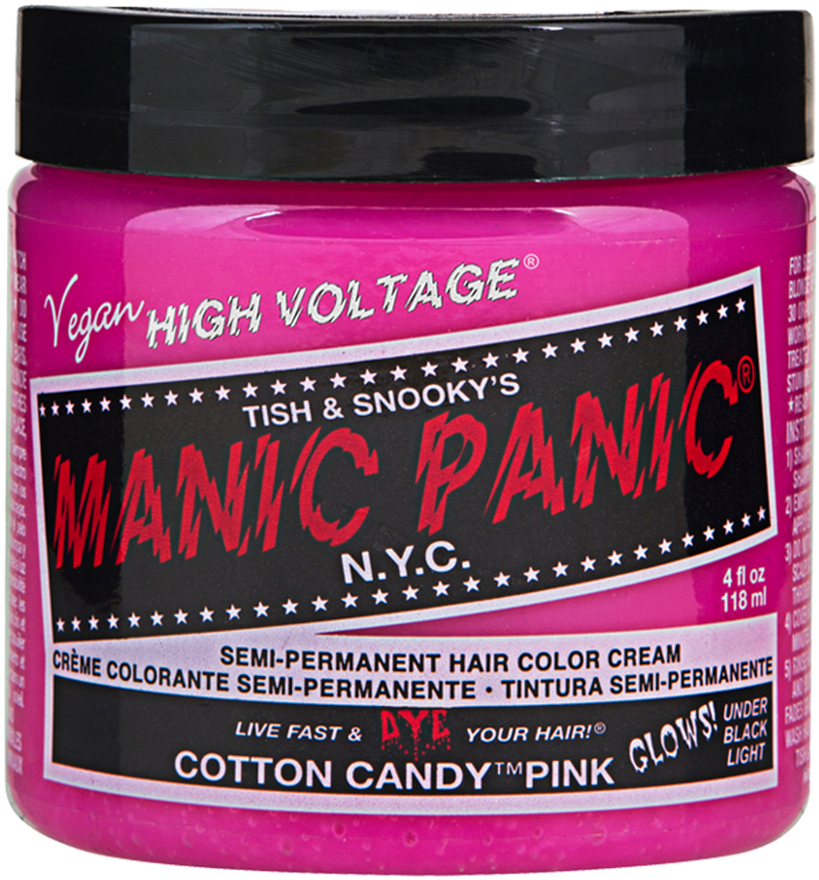 Manic Panic棉花糖粉髮色 壁紙 — 一個充滿活力的粉紅色Manic Panic染髮劑罐，帶有粗體紅色和黑色標籤文字。