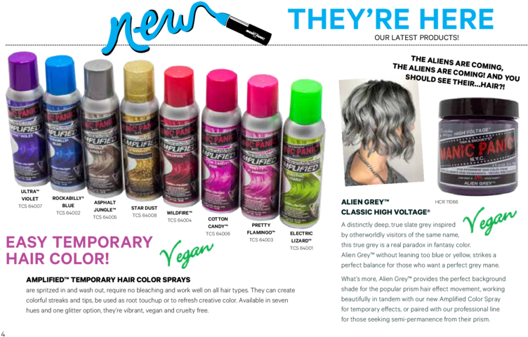 Manic Panic 暫時染髮產品廣告 壁紙 — 一排充滿活力的臨時染髮噴霧罐和一個罐子，在黑色背景上展示，配有粗體文字和展示「Alien Grey」色調的模特兒。