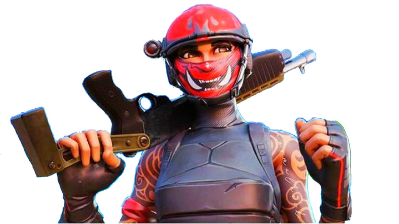 Manic 皮膚持槍 壁紙 — 一個戴著紅色火焰頭盔和臉部彩繪的Fortnite角色，在白色背景上揮舞著霰彈槍和手槍。