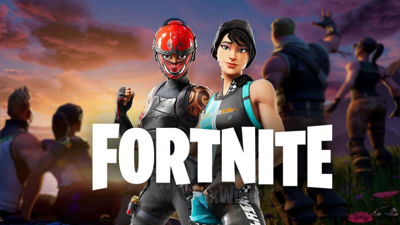 Fortnite角色在夕陽田野中擺姿勢，身後有其他玩家。