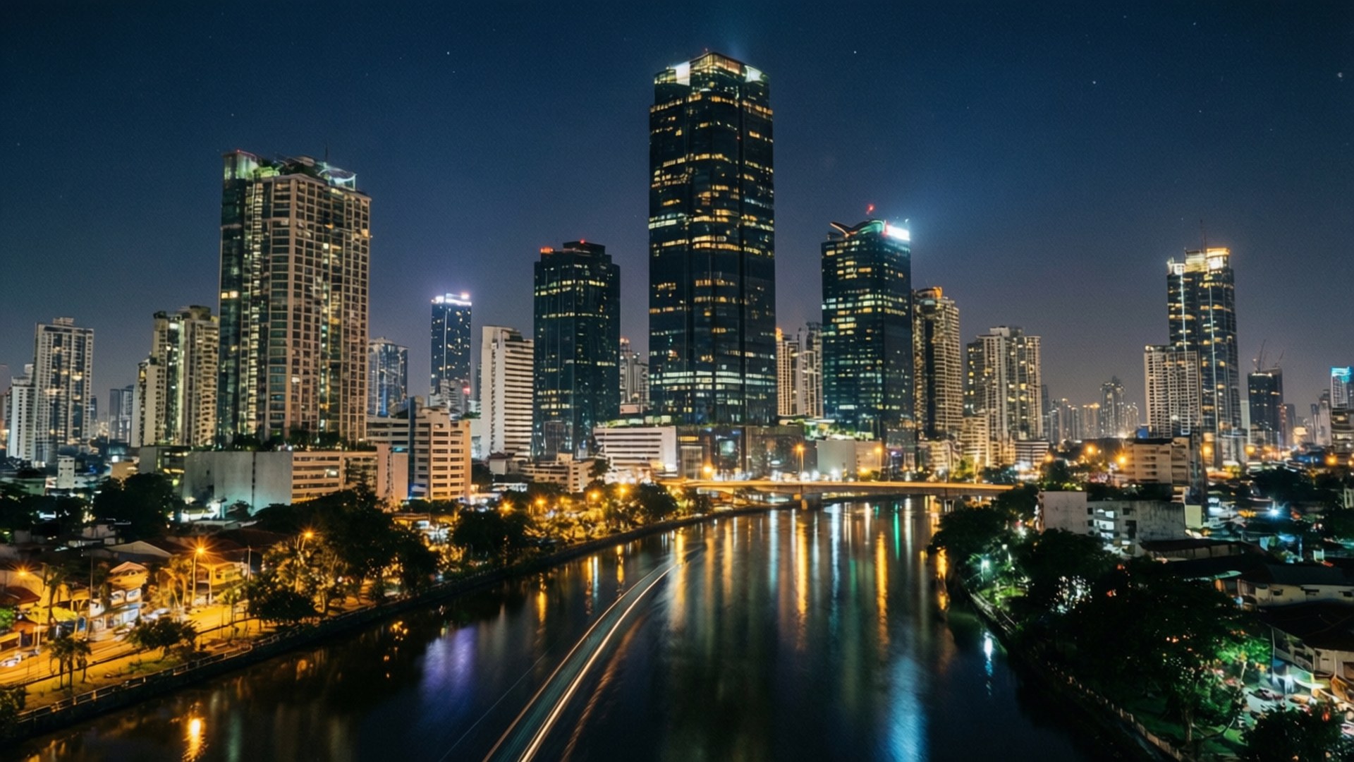 夜間城市天際線，高樓大廈和閃爍的燈光倒映在河流中