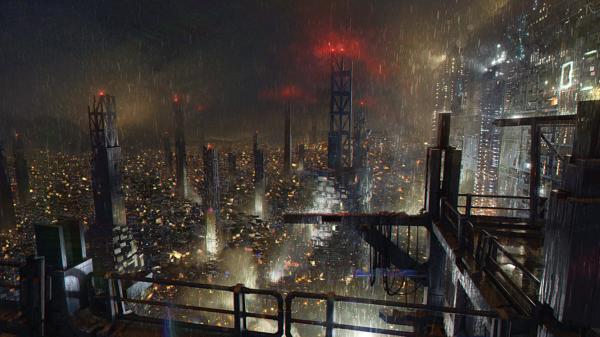 未來城市夜景，雨和霓虹燈反射在水坑中。