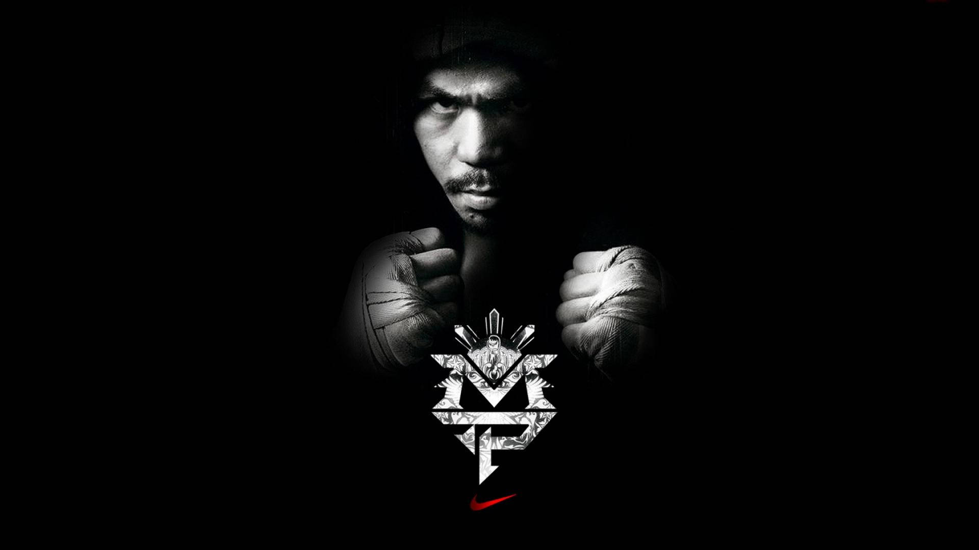 Manny Pacquiao Fan Made Art 壁紙 — 一個黑白肖像，拳擊手舉起拳頭，背景深色，帶有風格化標誌和紅色Nike swoosh。