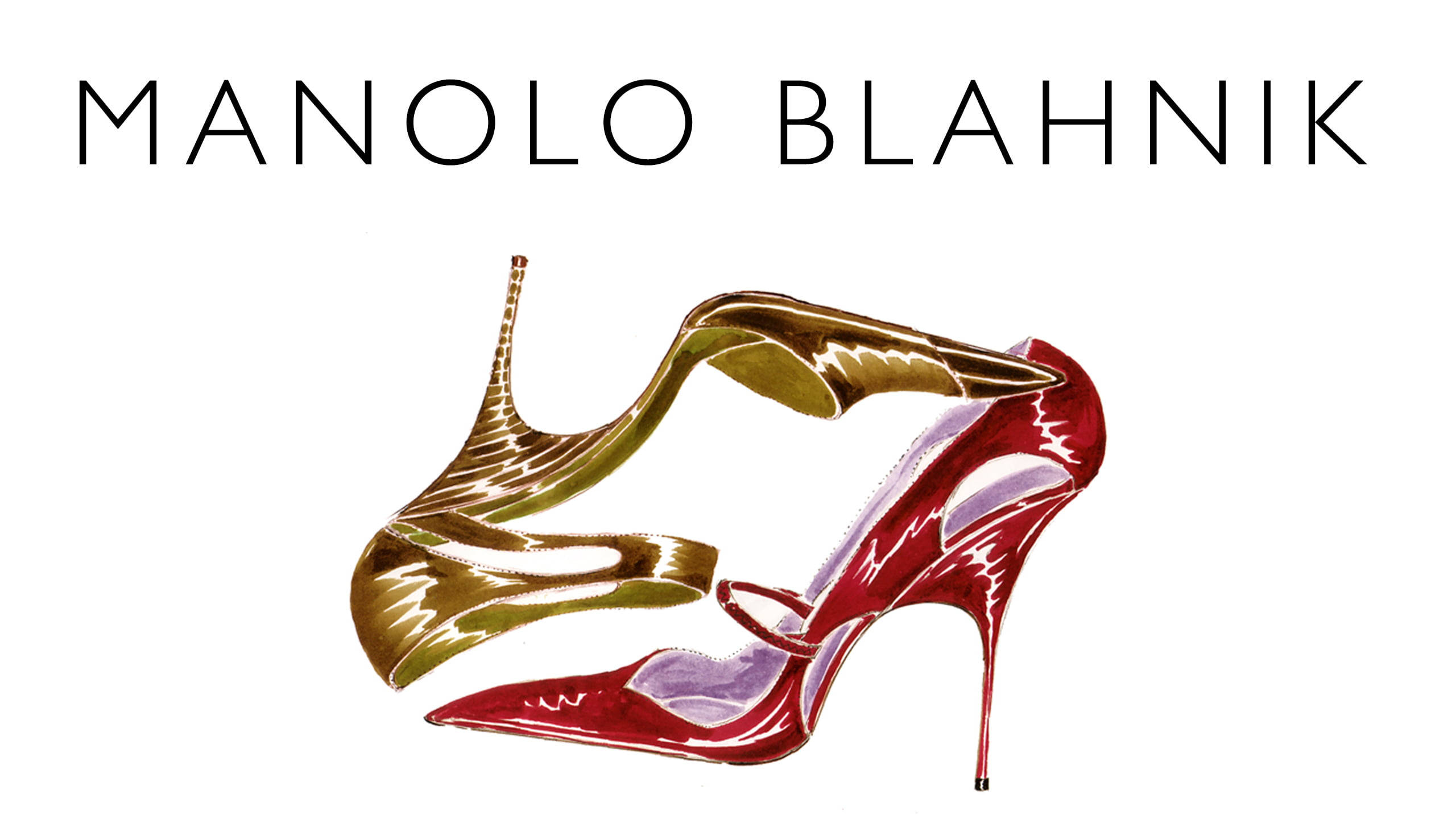 Manolo Blahnik金紅色高跟鞋 壁紙 — 一個風格化的插圖，展示一隻紅色和金色的高跟鞋子，帶有光澤表面，背景為白色。