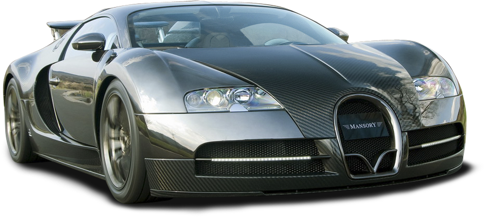 銀色布加迪威龍Mansory版 壁紙 — 一輛時尚的銀色Bugatti Veyron，帶有碳纖維飾邊和Mansory品牌標誌，在黑色背景前蓄勢待發。
