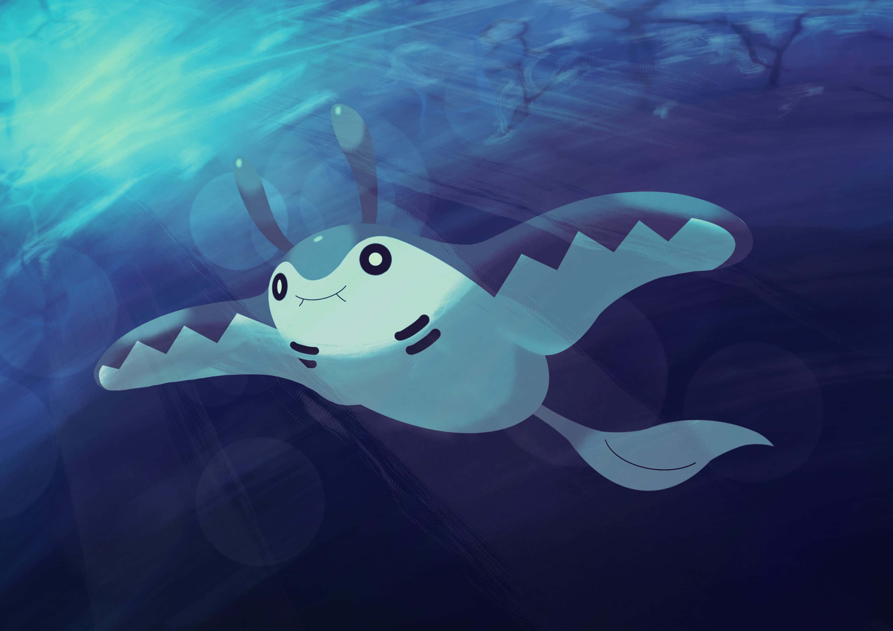 Mantine 水下游泳 HD 壁紙 — 可愛的卡通鯊魚在深藍色海洋水中滑行，陽光從上方過濾下來。