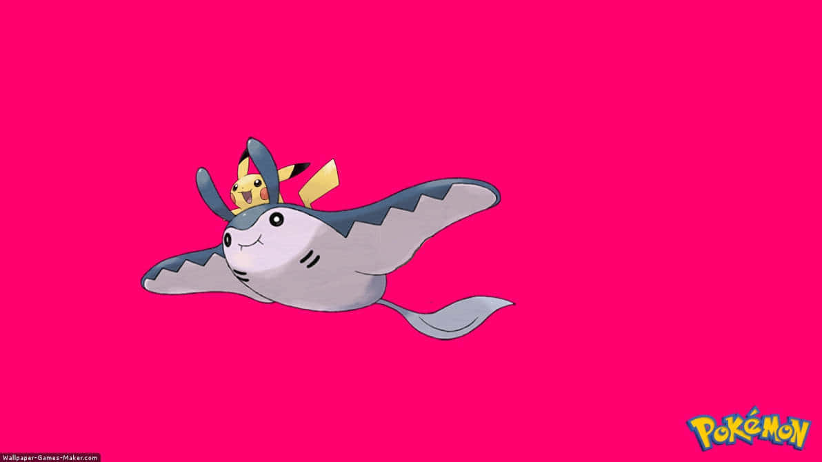 Mantine 與 Pikachu 粉紅藝術 壁紙 — 一隻開心的比卡超棲息在一隻飛翔的鯊魚狀寶可夢上，背景是鮮豔的粉紅色。