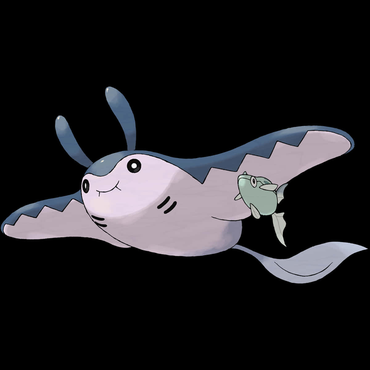 一條卡通鯊魚背著一條小魚在黑色背景上。