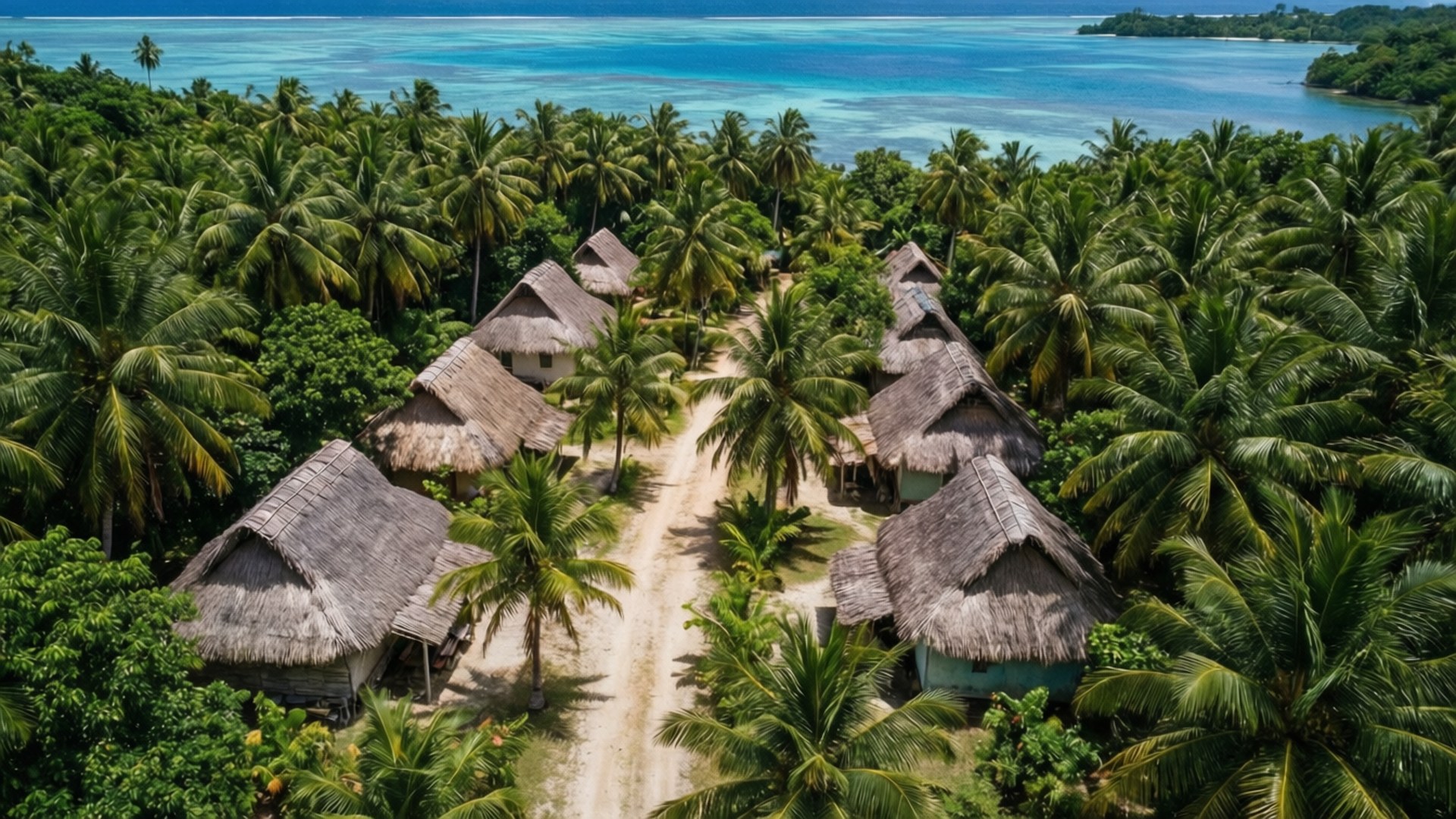 Micronesia 桌布 壁紙 — 茅草屋頂小屋坐落在茂密棕櫚樹間，毗鄰碧綠熱帶水域的鳥瞰圖。