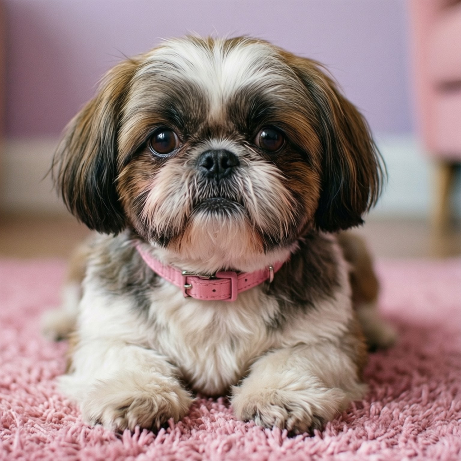 Pretty Fat Shih Tzu 壁紙 — 一隻毛茸茸的棕色和白色西施犬幼犬躺在柔軟的粉紅色地毯上，戴著相配的粉紅色項圈。