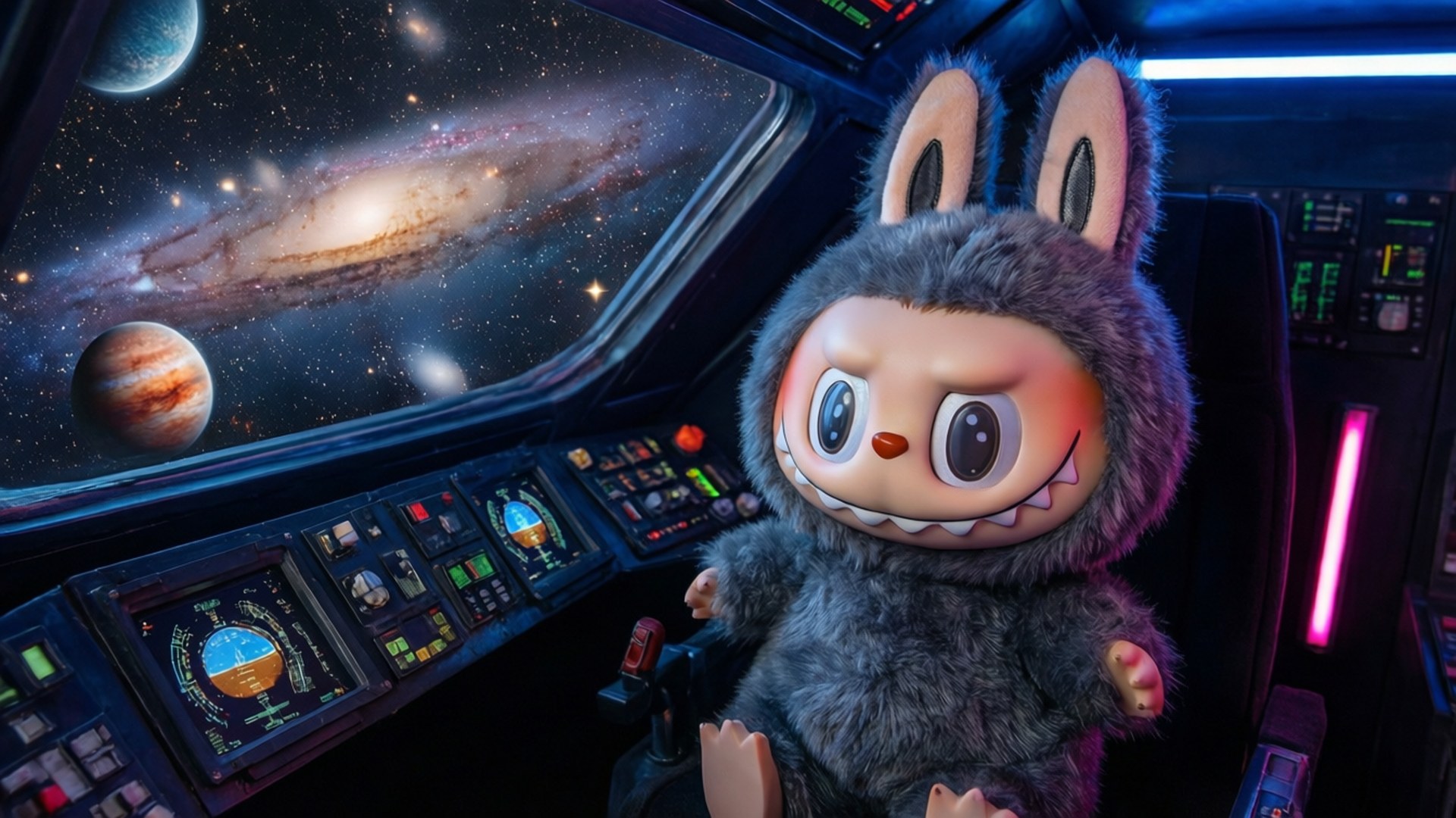 毛茸茸灰色兔仔毛公仔在太空船駕駛艙觀看星系和木星