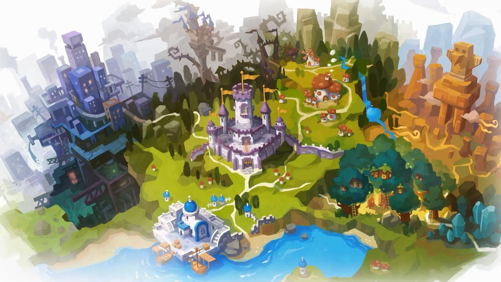 《MapleStory 2》空中城鎮視角 壁紙 — 一個異想天開的等距幻想世界，擁有城堡、海盜船和色彩繽紛的村莊，坐落在森林和山脈之間。