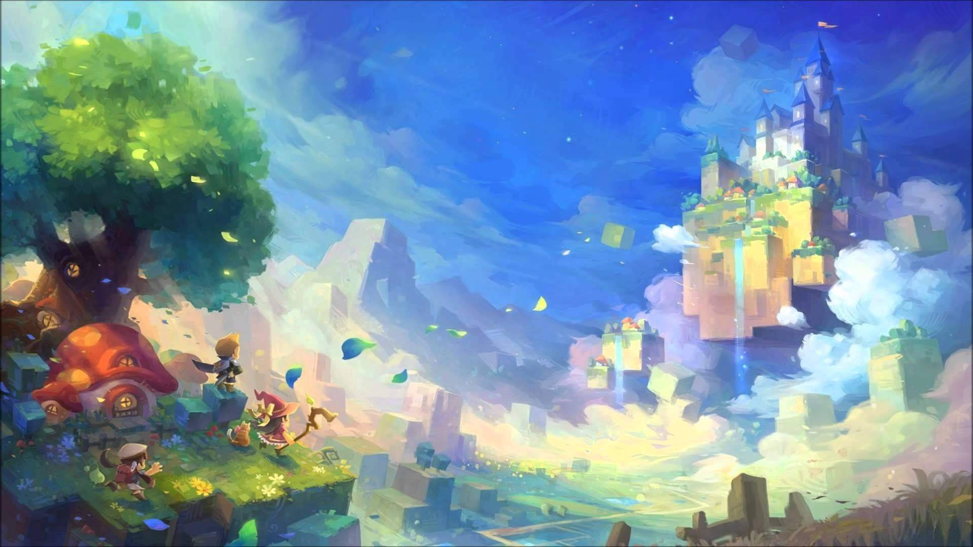 孩子們在充滿活力的奇幻世界中探索神奇的漂浮城堡和蘑菇屋。