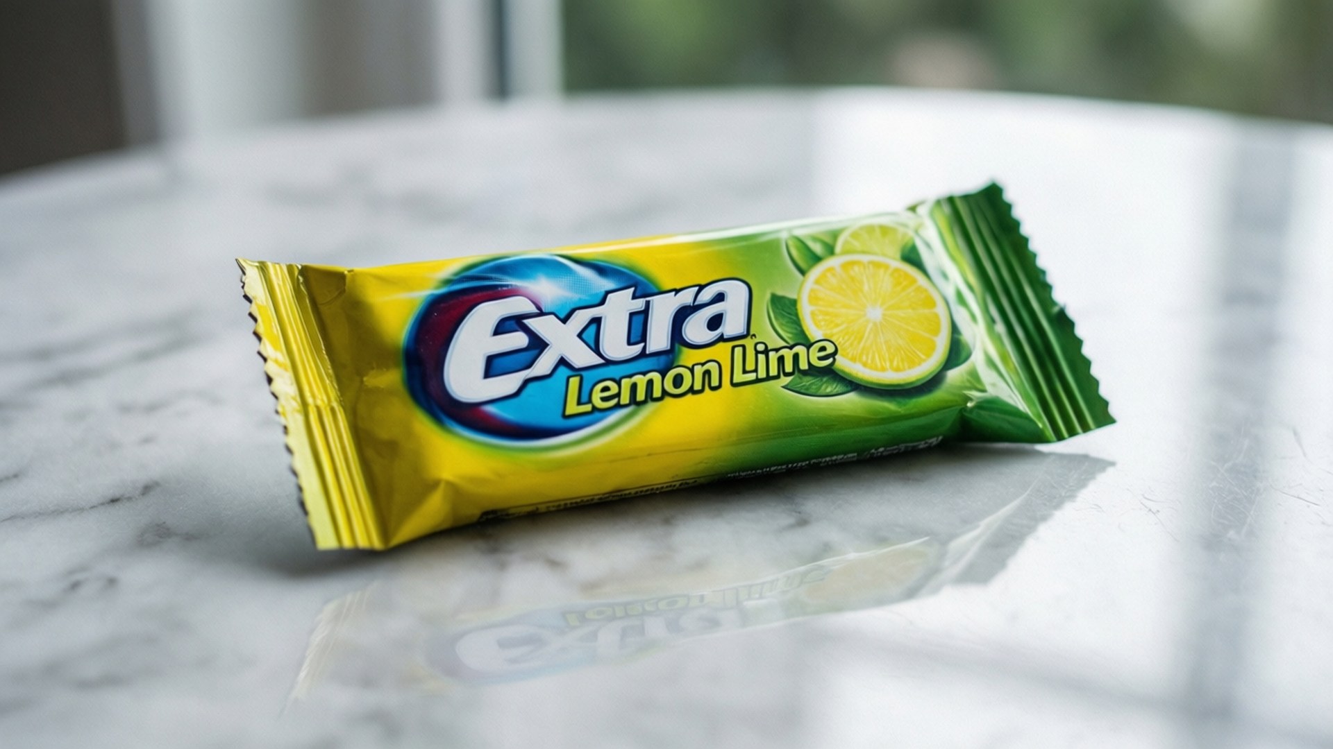 一張Extra Lemon Lime香口膠包裝紙放在大理石檯面上。