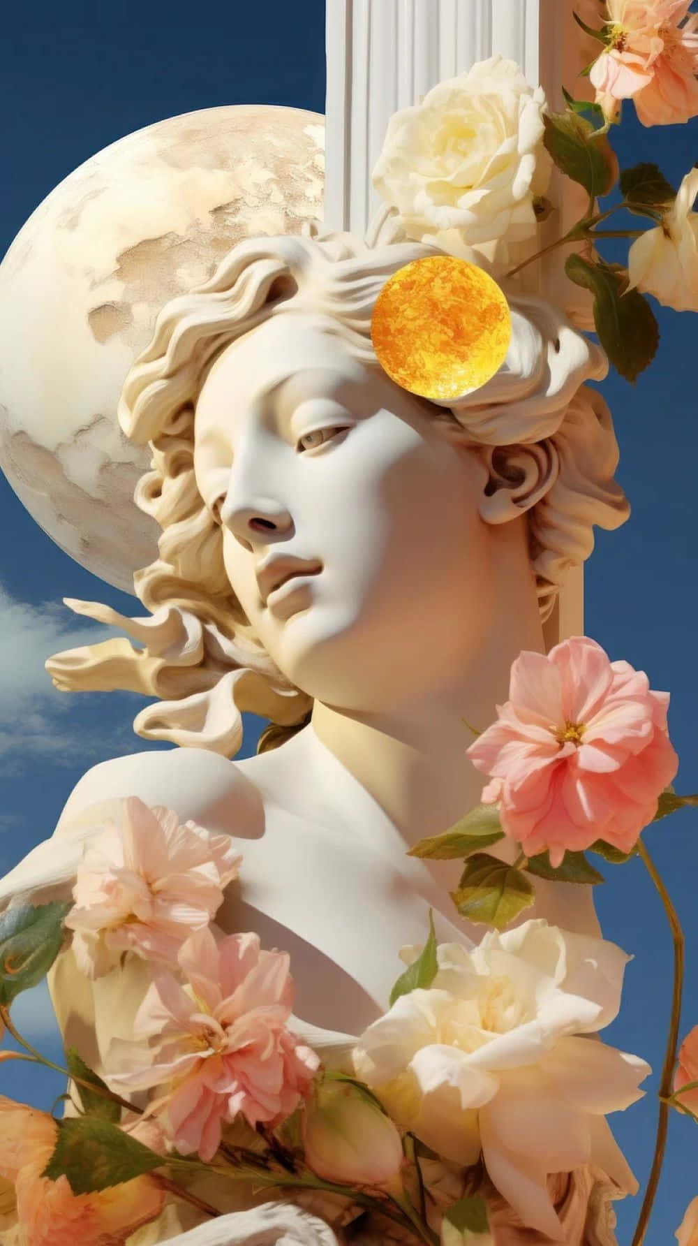  壁紙 — 一座大理石雕像，描繪一位寧靜的女性，頭髮上裝飾著粉紅和白色的玫瑰以及發光的太陽，背景是藍天和一輪巨大的月亮。