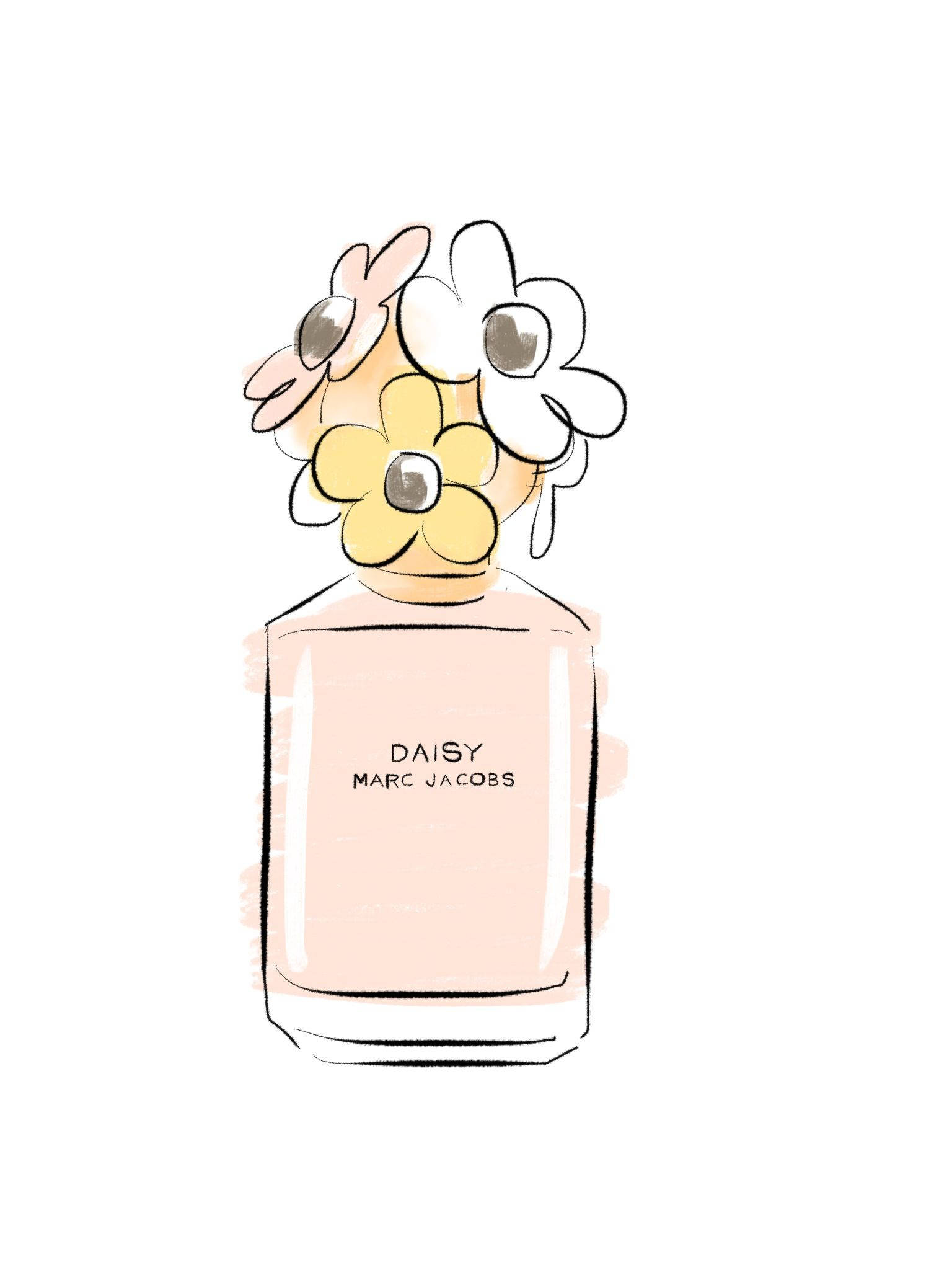 Marc Jacobs Daisy 香水藝術 壁紙 — 手繪插圖，粉色香水瓶頂部飾有彩色雛菊，白色背景。