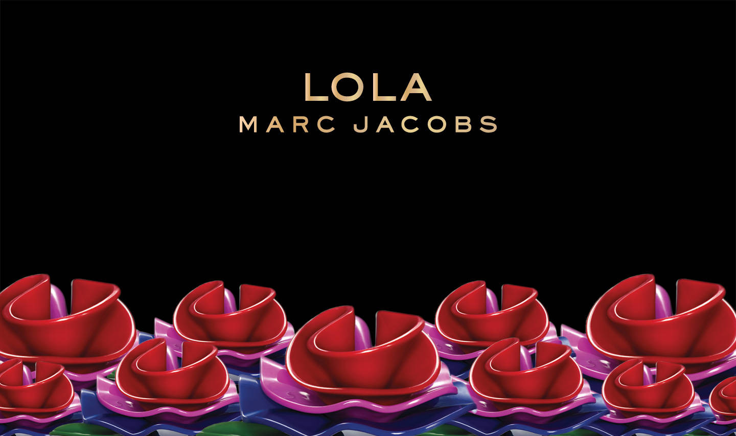 Marc Jacobs LOLA 香水標誌 壁紙 — 一排帶有紫色底座的醒目紅色雕塑花朵，排列在黑色背景上，並配有金色文字。