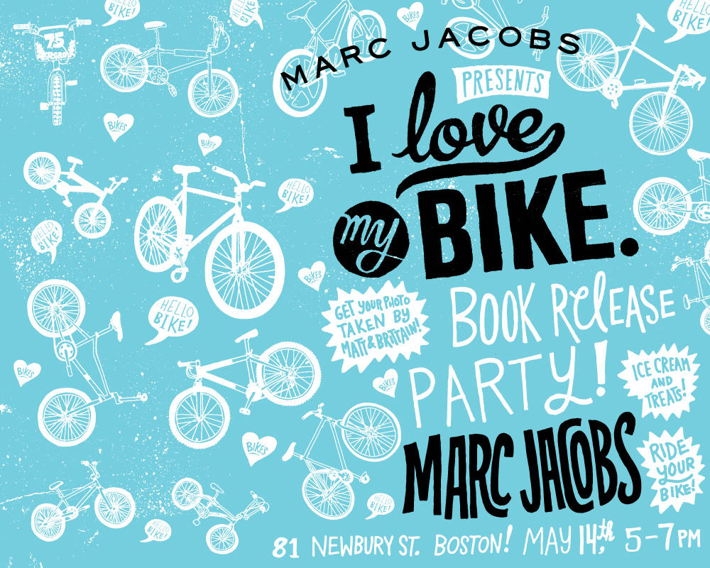 Marc Jacobs 自行車主題邀請卡 壁紙 — 一張充滿活力的藍綠色海報，帶有白色自行車輪廓和俏皮文字，宣布一場慶祝自行車的 Marc Jacobs 新書發布派對。