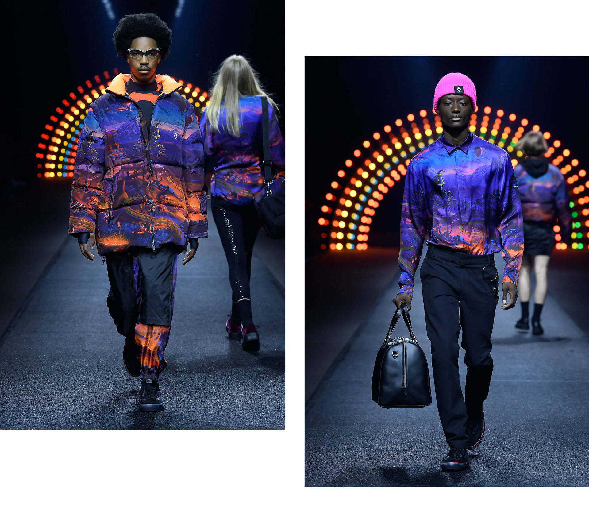 Marcelo Burlon 推出全新圖案裝飾服飾系列 壁紙 — 模特兒在色彩繽紛的拱形燈光下，穿著充滿活力的紫色和橙色漸變印花服裝走秀。