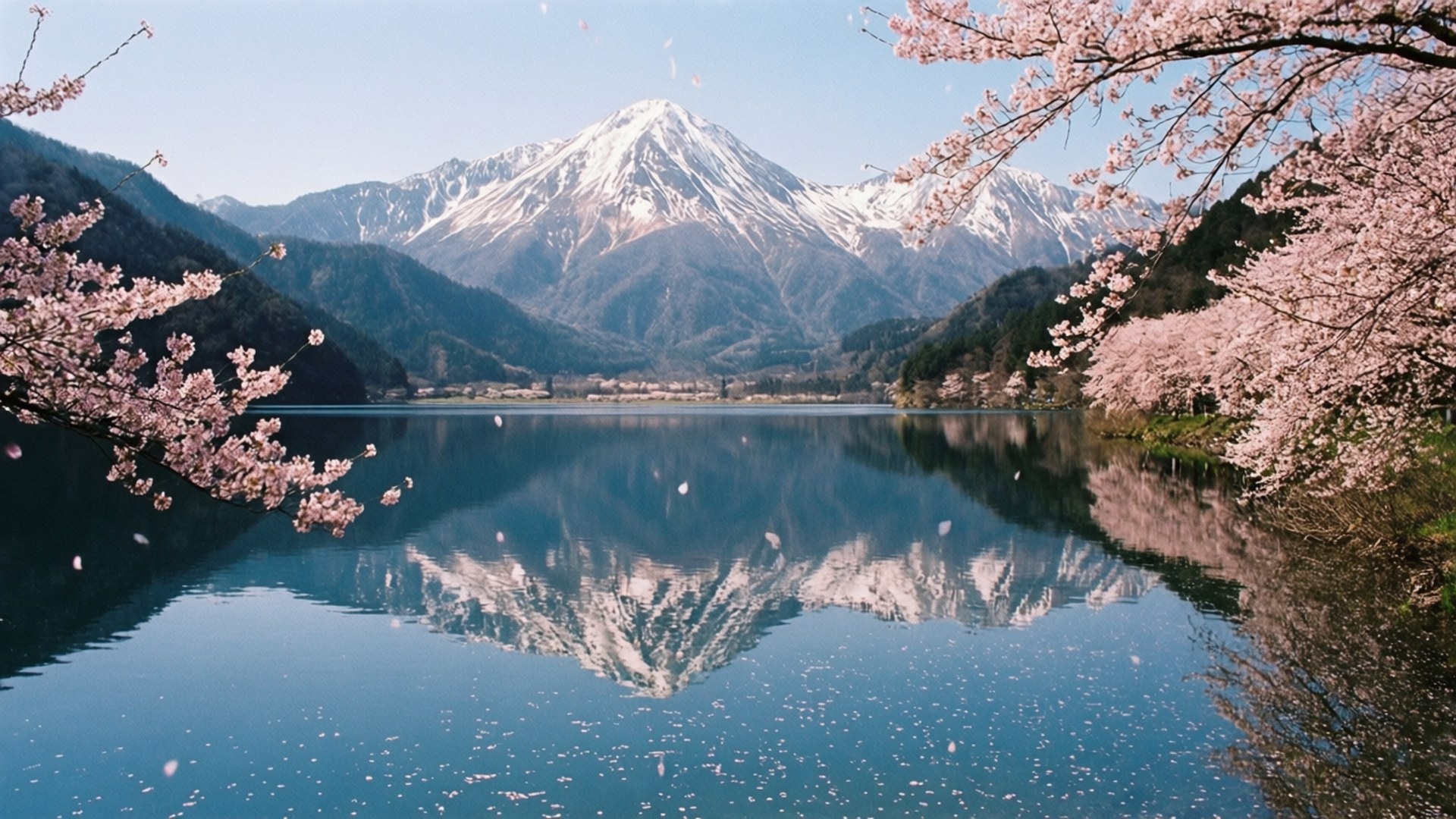 粉紅色的櫻花環繞著平靜的湖泊，反射著藍天白雲下的雪山。