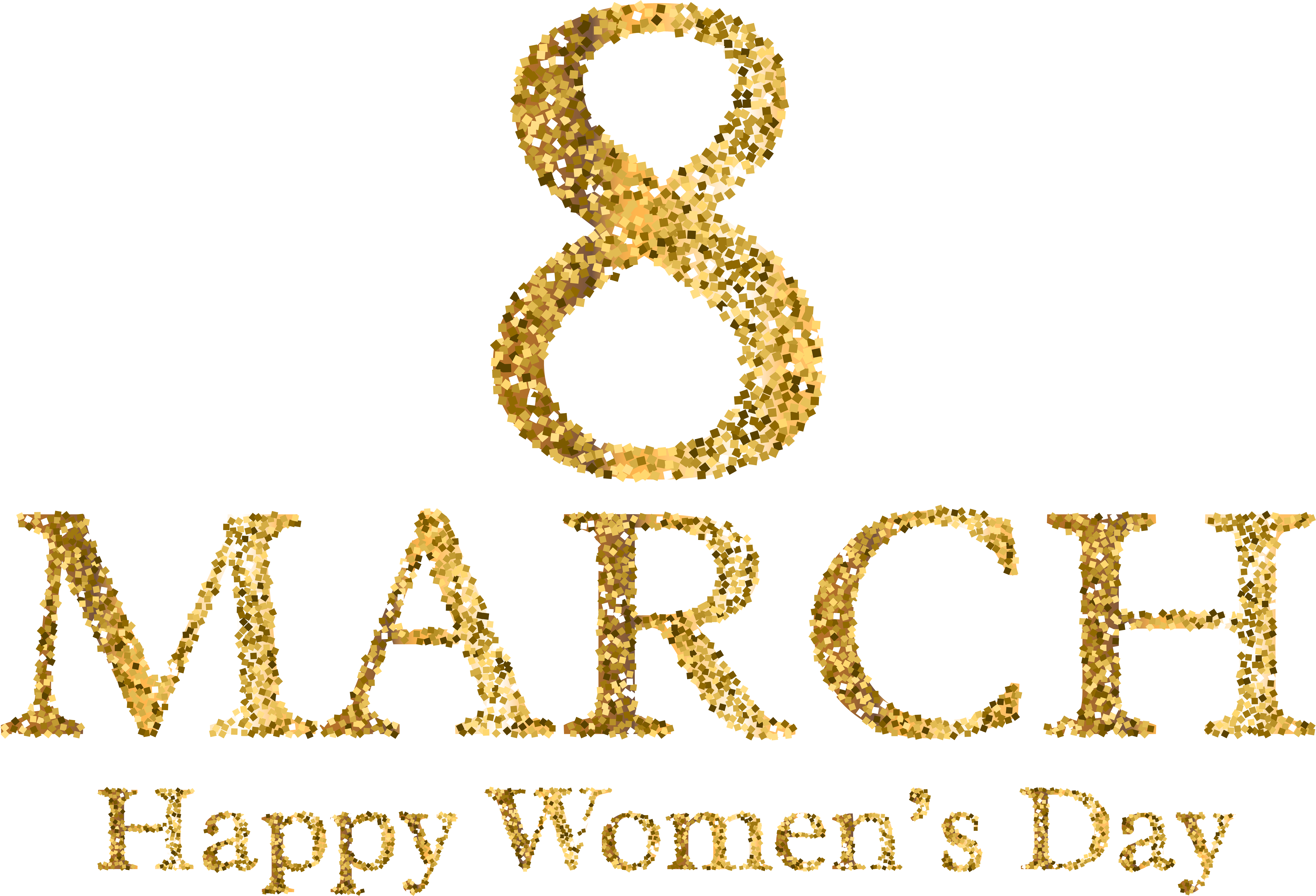 國際婦女節「March8」閃粉設計 壁紙 — 一個大膽的金色閃粉數字八和文字「三月婦女節快樂」，背景為純黑色。