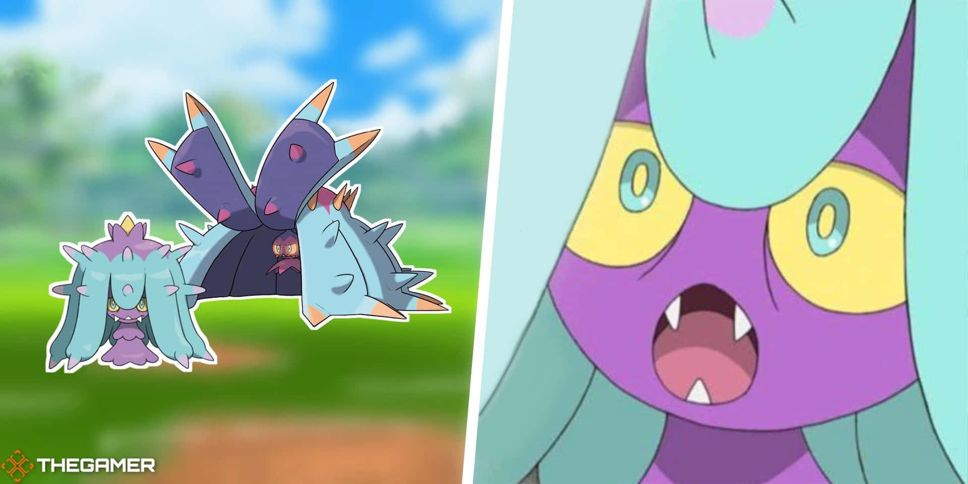 Mareanie、Toxapex與Mareanie特寫 壁紙 — 兩個動漫風格嘅寵物小精靈角色企喺草地上面，而一個特寫鏡頭顯示一隻紫色嘅生物，對眼好大，嘴張開。