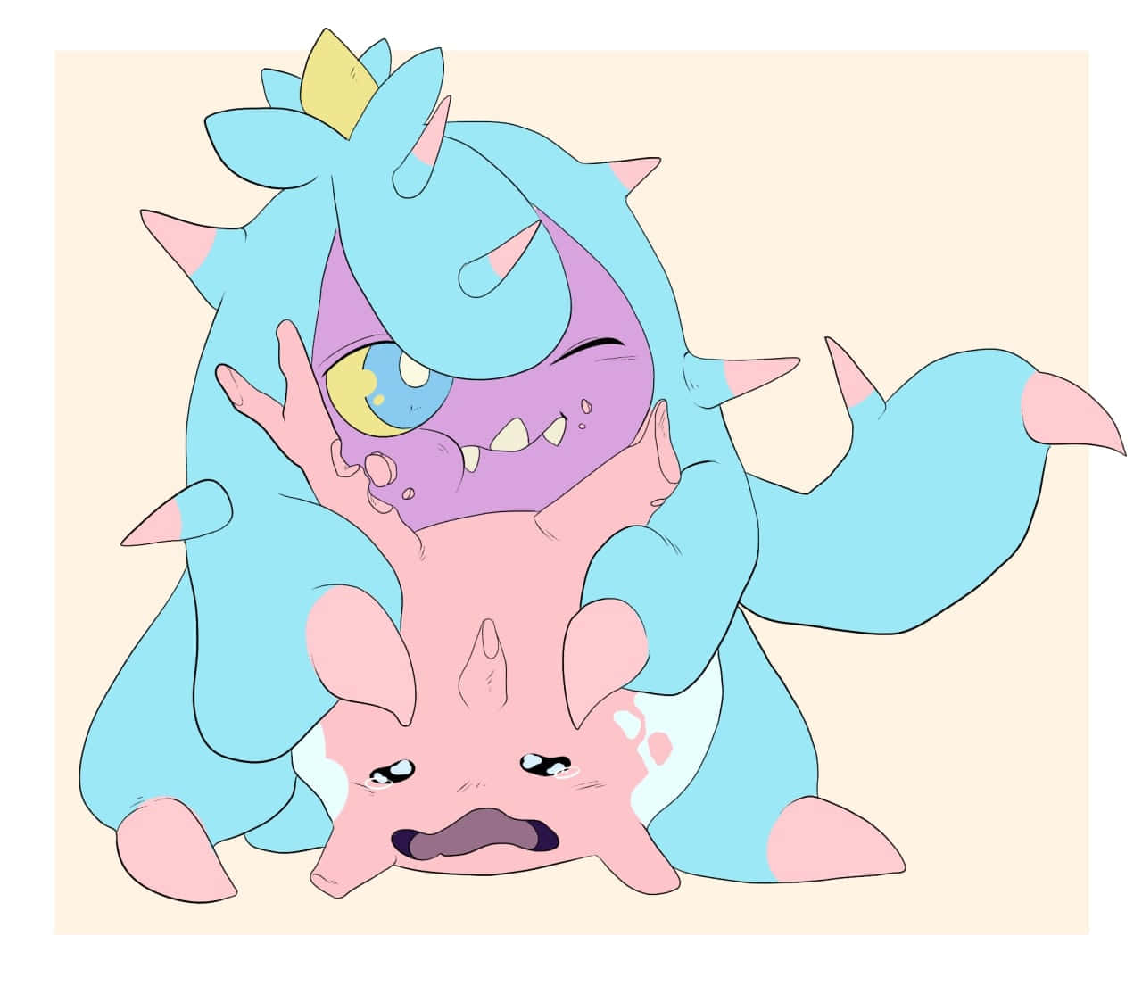 Mareanie擁抱哭泣的Corsola 壁紙 — 一個藍色尖刺怪物頑皮地悶住一個粉紅色豬狀生物，露出調皮的笑容。