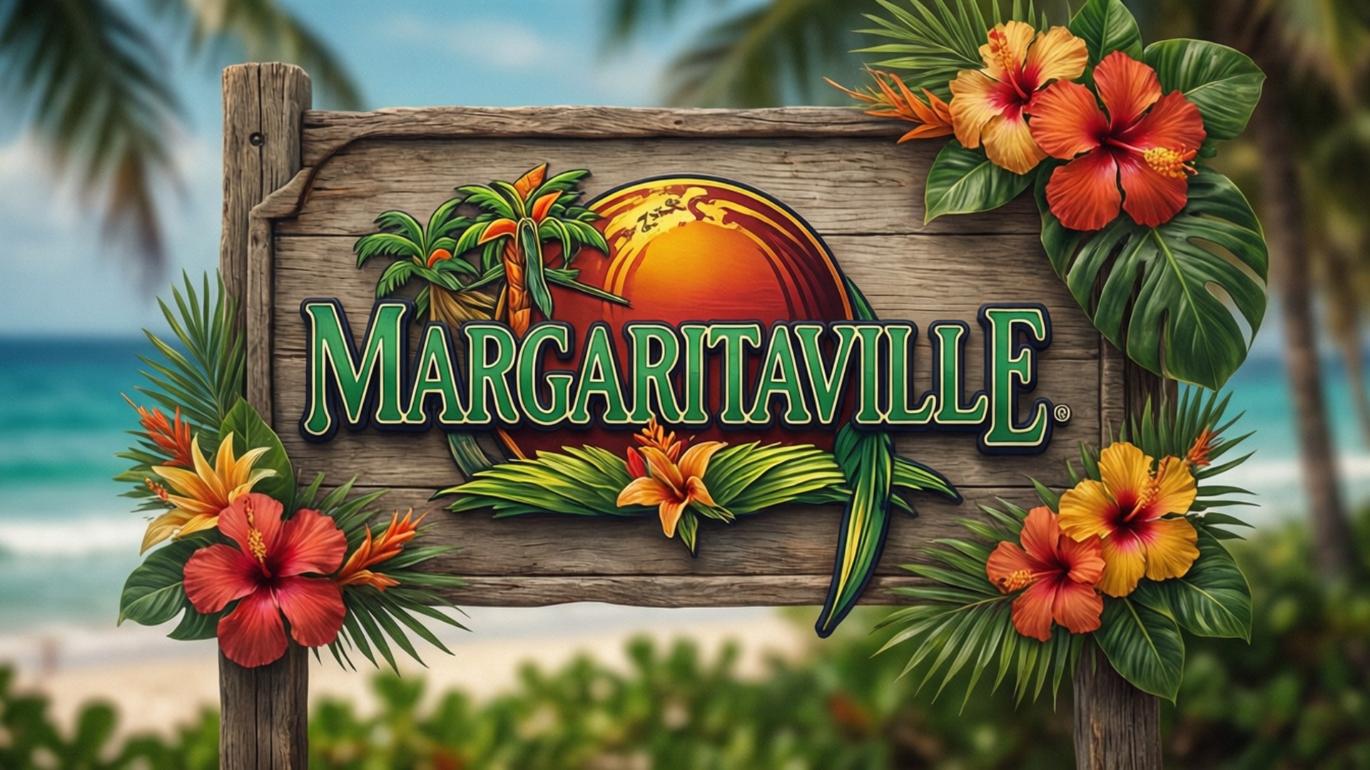 海灘上以木芙蓉和棕櫚葉裝飾的熱帶Margaritaville標誌。