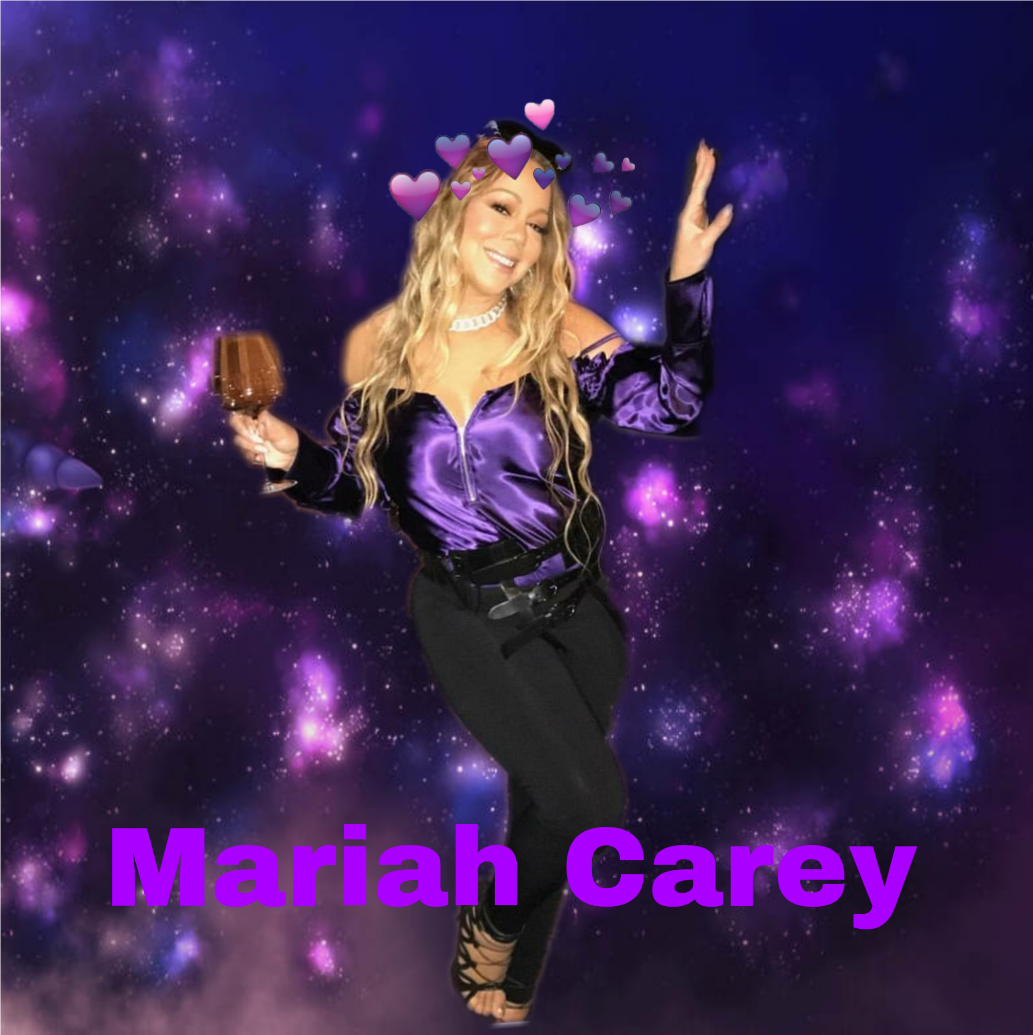 Mariah Carey《Purple Bliss》 壁紙 — 瑪麗亞·凱莉在紫色星系中快樂地跳舞，手持飲品，頭部周圍有漂浮的心形。