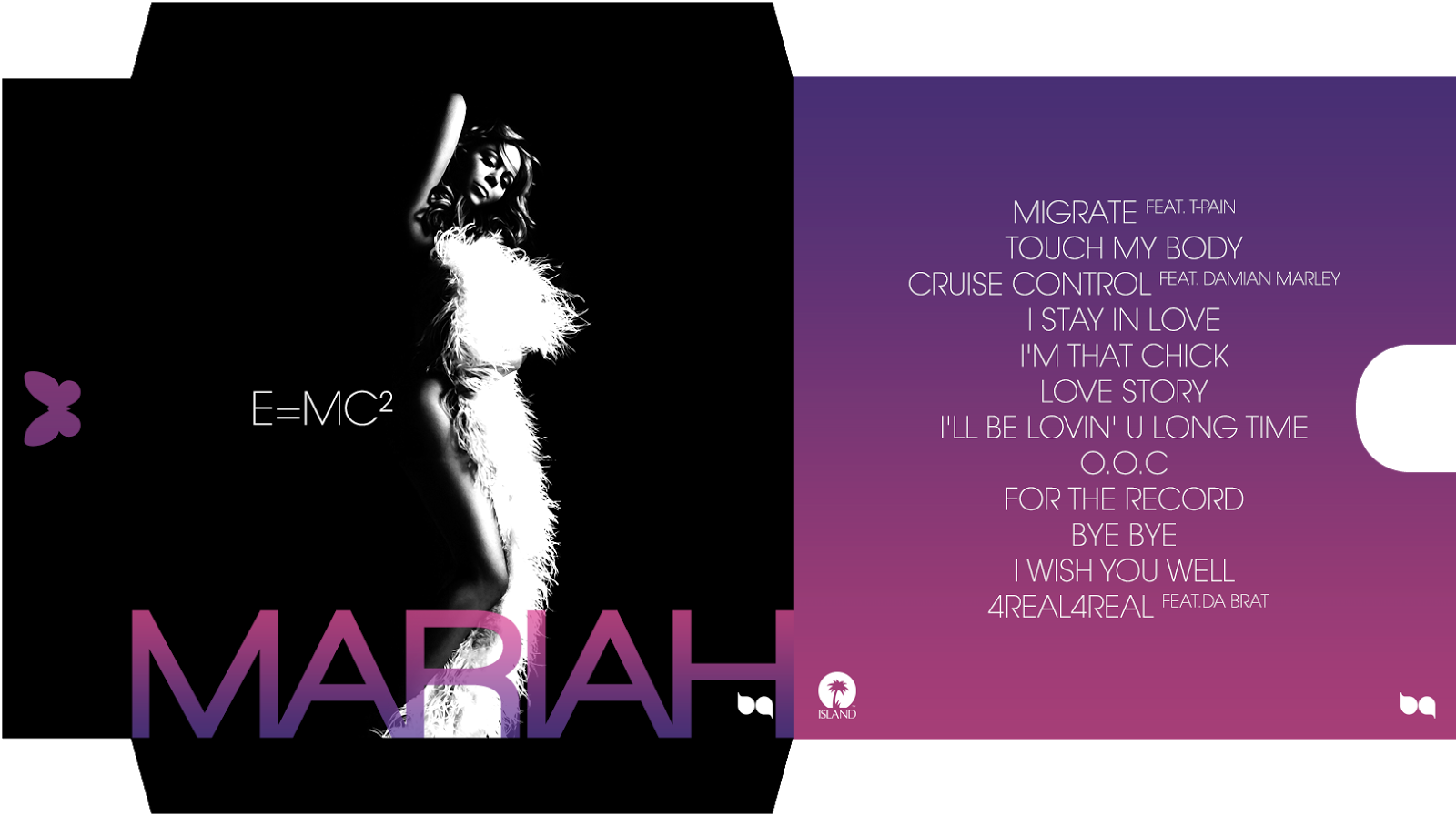 Mariah E= M C2 專輯封面 壁紙 — 一個風格化的黑白剪影，一位穿著羽毛服裝的女性在漸變紫色背景前擺姿勢，列出歌曲名稱。