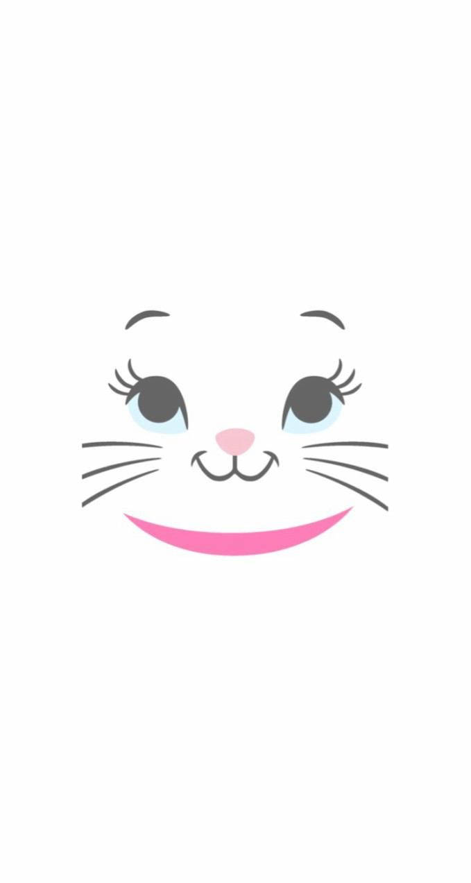 Marie Cat 面部藝術 壁紙 — 一個快樂的卡通貓臉，有大眼睛和寬闊的粉紅色微笑，背景是純白色。
