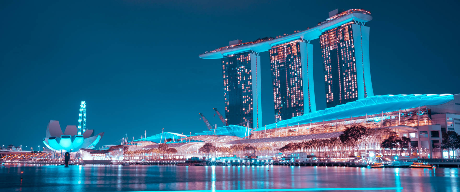 濱海灣金沙和藝術科學博物館在夜間亮燈，水面倒映。