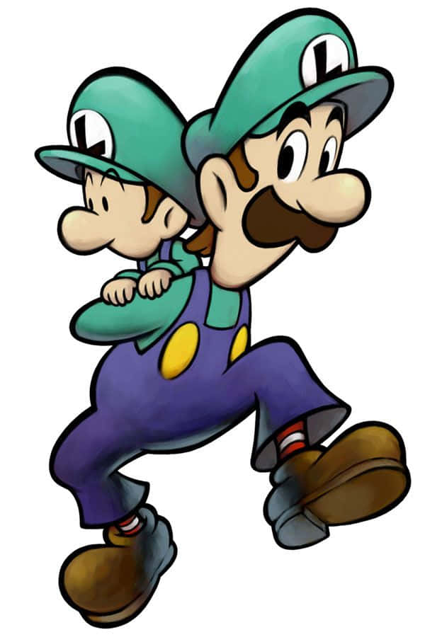 Baby Luigi 桌布 壁紙 — 馬里奧和路易吉以經典任天堂卡通風格並肩奔跑，戴著綠色帽子，穿著紫色工裝褲。