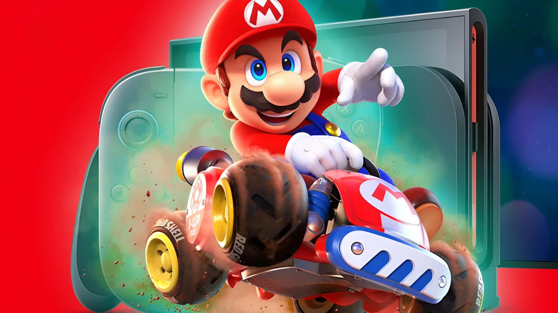  壁紙 — 瑪利歐駕駛他的紅色卡丁車衝破Nintendo Switch主機，泥土飛揚，背景呈現鮮豔的紅、綠、藍色。
