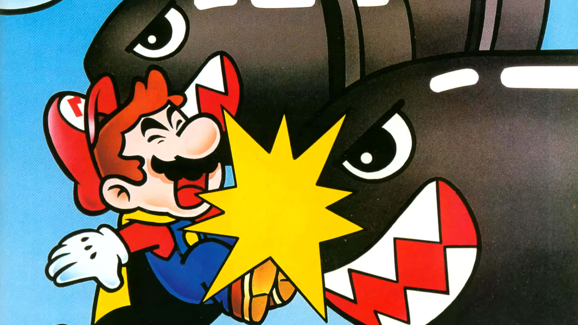  壁紙 — Mario 拳擊一隻有紅白牙齒的大黑鯊，在他們之間產生明亮的黃色星星爆炸。