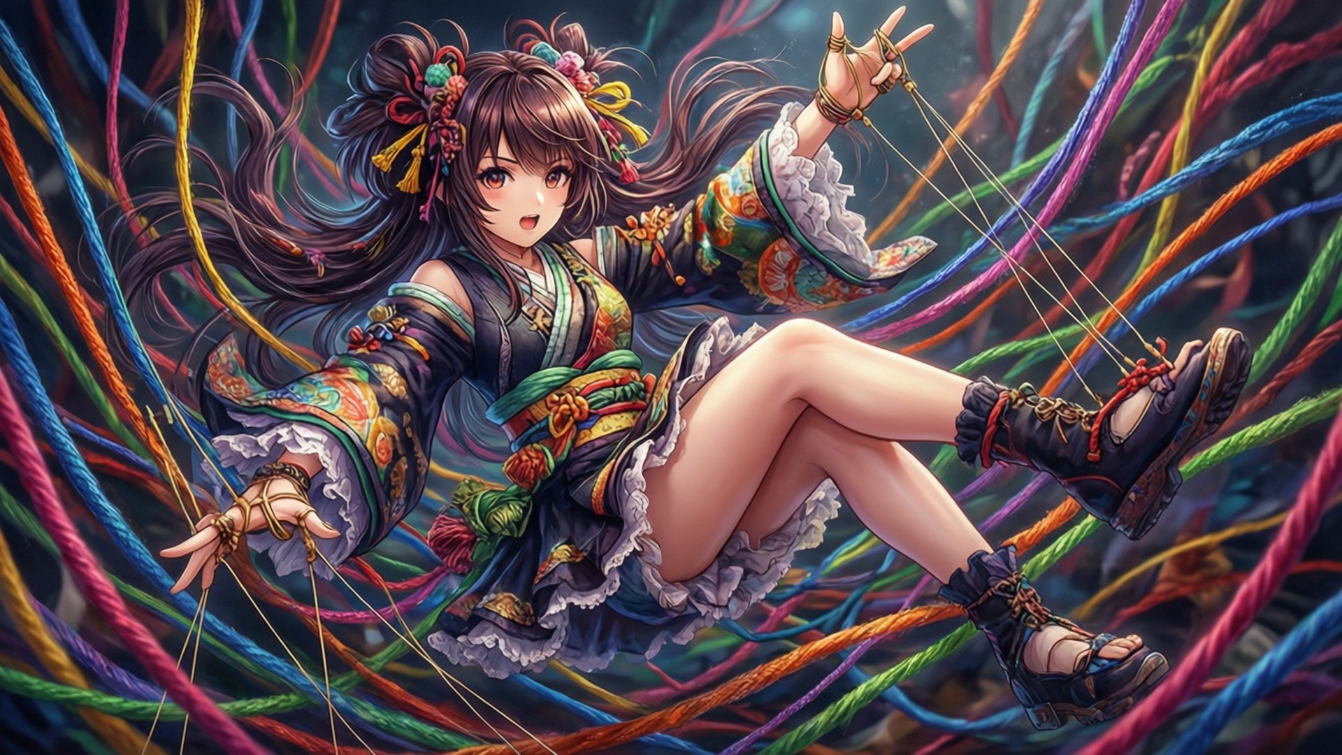 動漫女孩漂浮在彩色繩索中手握繩子
