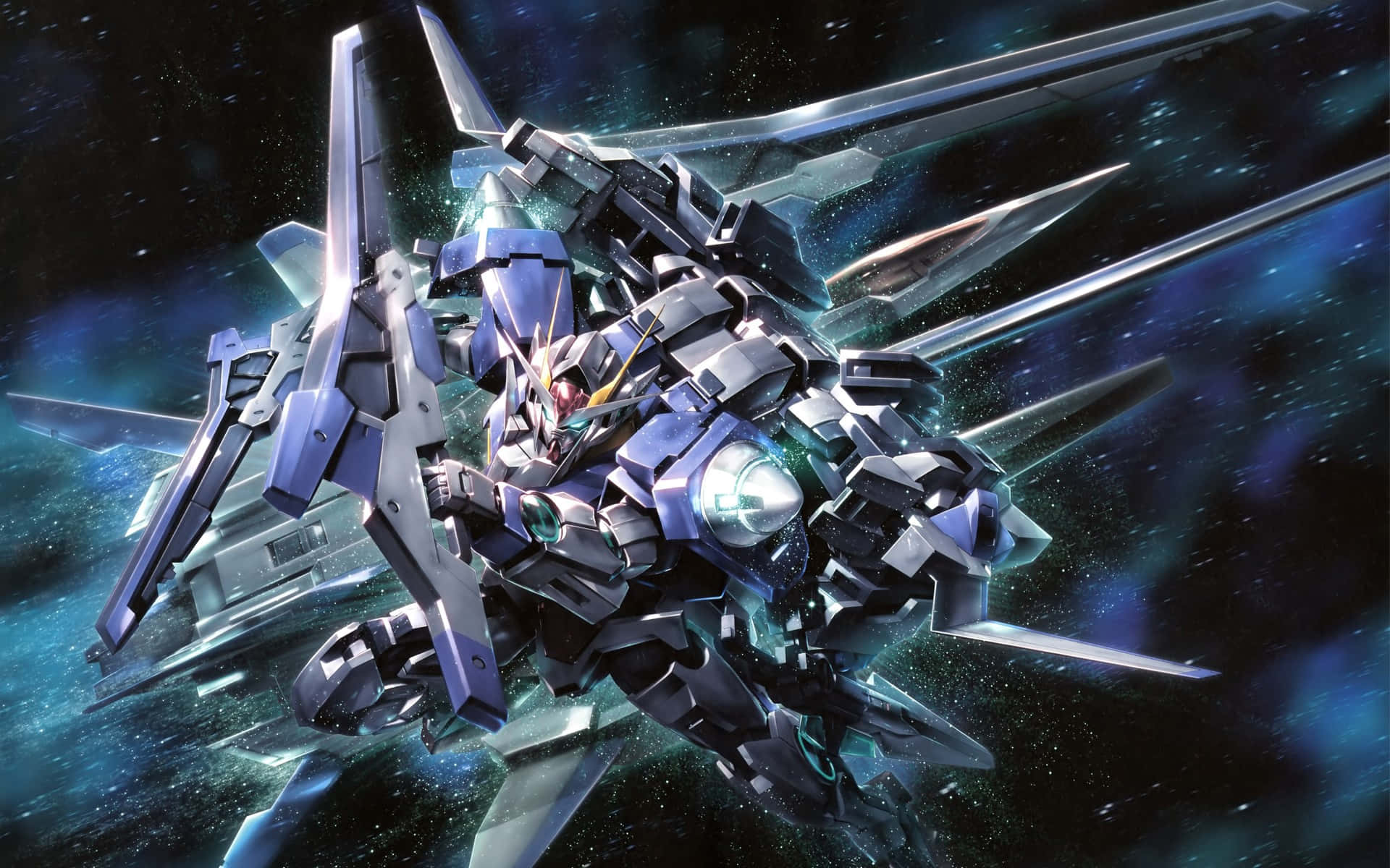 銀藍色機甲機器人在太空中，帶有發光武器和星空背景