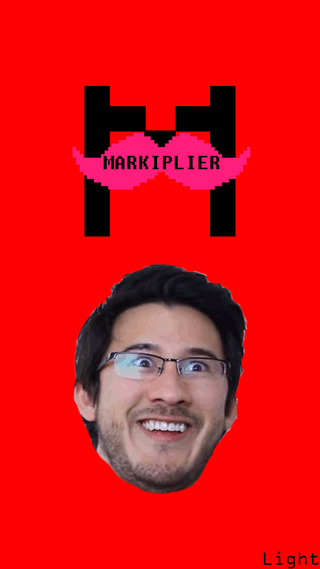 垂直紅色 Markiplier 標誌 壁紙 — 一個像素化的黑色「M」，帶有粉紅色鬍子標誌和一個微笑的男人臉，在純紅色背景上。