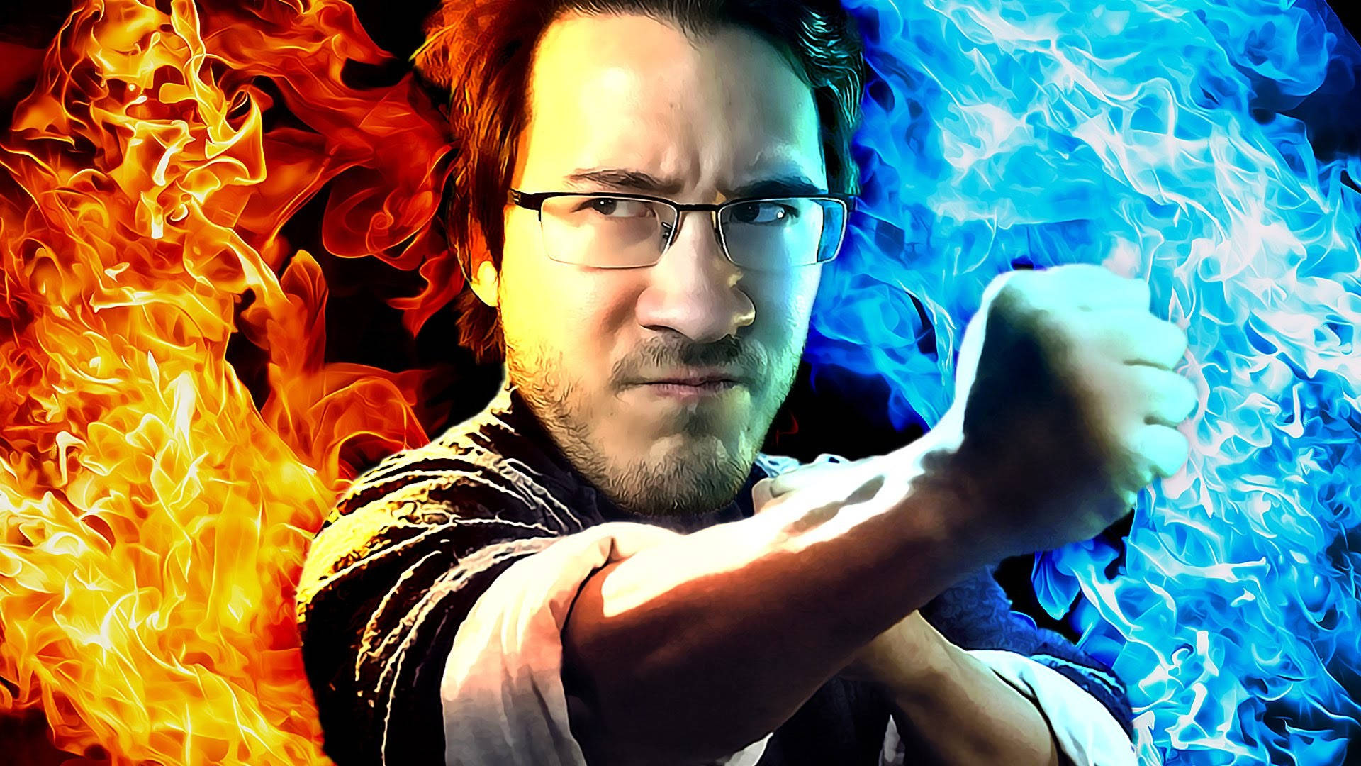 Markiplier 一指死亡拳 壁紙 — 一個戴眼鏡的男人向前揮拳，左邊噴出熾熱的橙色火焰，右邊噴出冰冷的藍色火焰。